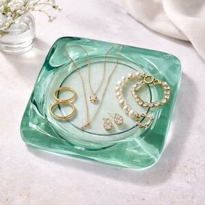 MCM Recycled Art Square Candle Wine Holder Trinket Glass Tray Aqua